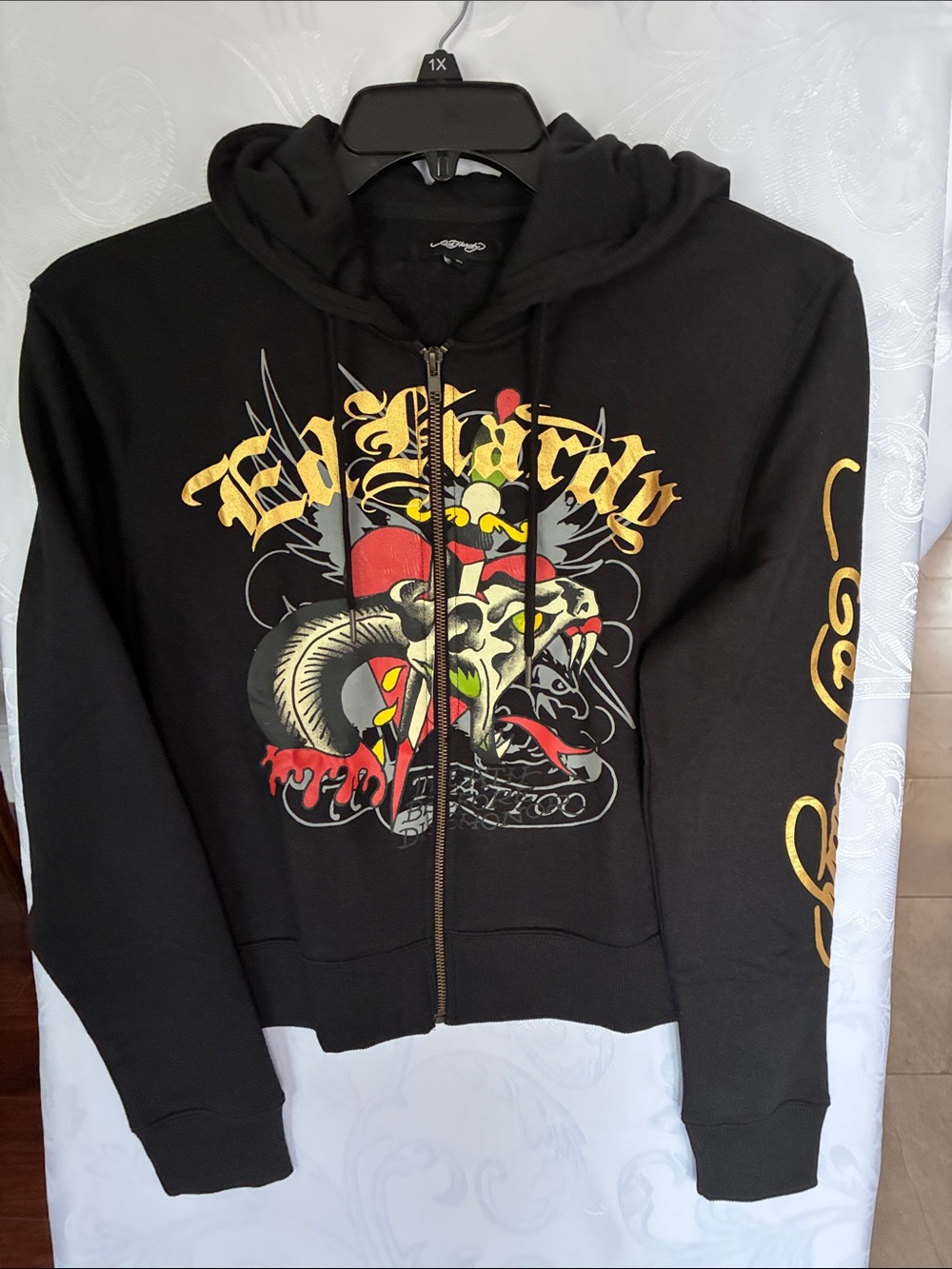 Ed Hardy Black Zip Hoodie with Red, Yellow and Gold Graphic